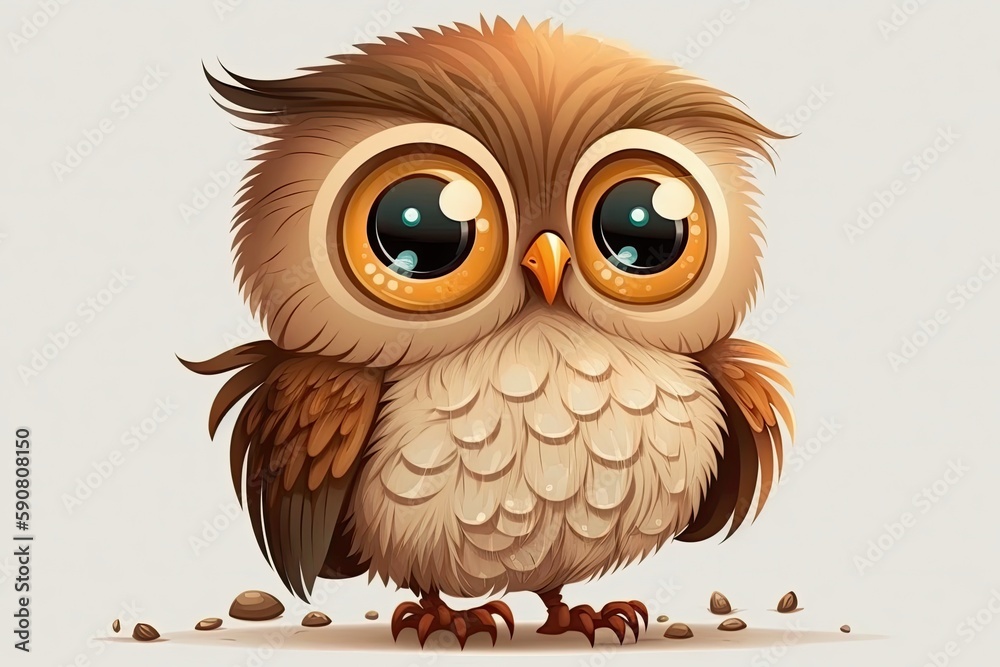 Naklejka premium cute brown owl with big eyes sitting on the forest floor. Generative AI