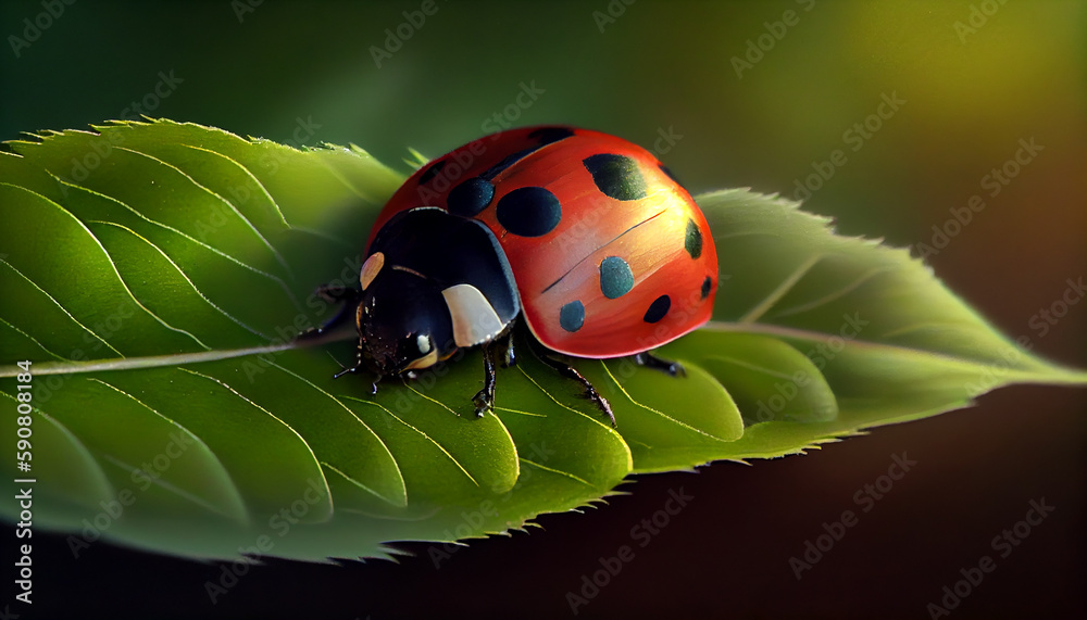 Fototapeta premium Ladybug on green leaf, beauty in nature generated by AI