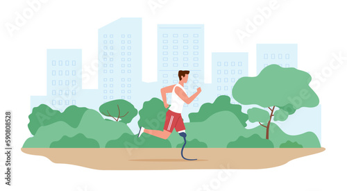 Young man with an amputated leg runs in city park in fresh air. Sportsman character with prosthetic legs jogging outdoors. Healthy lifestyle. Cartoon flat isolated illustration. Vector concept