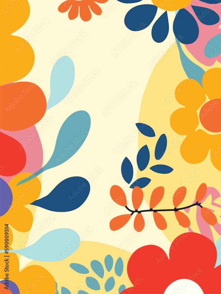 Floral background with flowers and leaves. Vector illustration in flat style.
