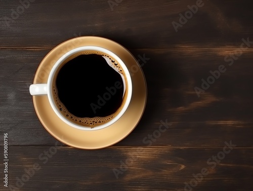 Cup of coffee on wooden table. Top view with copy space.