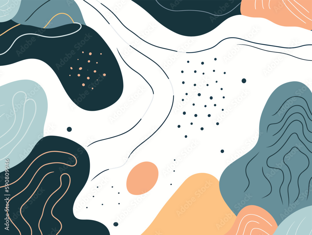 Abstract background with colorful hand drawn waves and spots. Vector illustration.