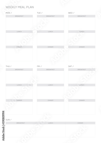 A weekly meal plan design template in a modern, simple, and minimalist style. Note, scheduler, diary, calendar, planner document template illustration.