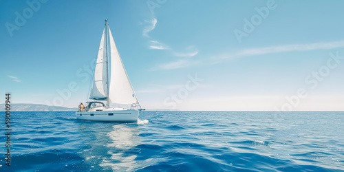Beautiful snow -white sailboat in blue ocean. Panoramic image. Generative AI. High quality illustration