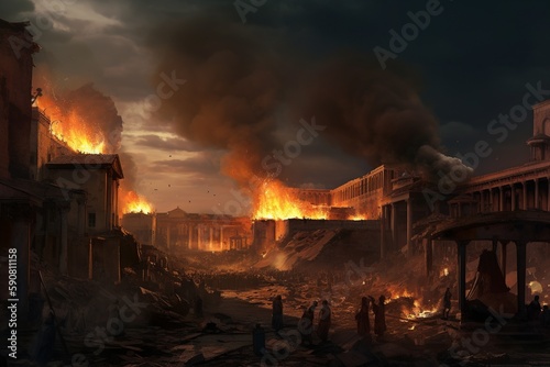 Haunting digital illustration of the Great Fire of Rome, set by Emperor Nero, depicting devastation and the desperate struggle of its people. generative ai
