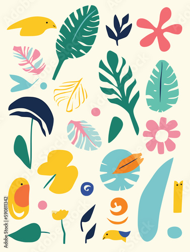 Set of hand drawn tropical plants and flowers. Vector illustration in flat style.
