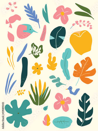 Vector set of hand drawn tropical leaves and flowers in flat style.