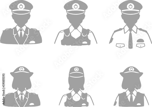 警察官の男女シルエットイラストセット　グレー