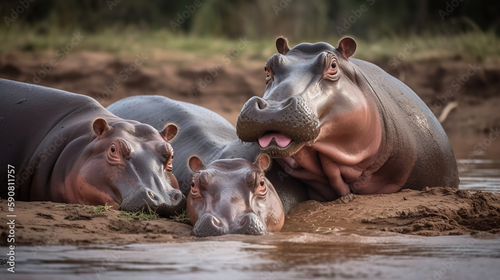 Playful Hippopotamus Family Playful Hippopotamus Family