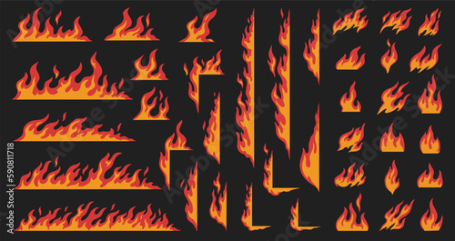 Flaming bonfire set emblems colorful