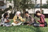 A multiethnic group of university students is studying together for an exam while sitting on the grass near the campus.