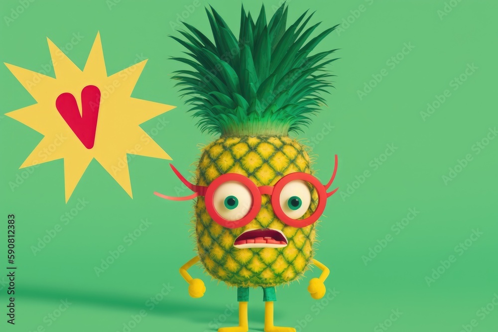 Fototapeta premium pineapple wearing glasses and a heart on a green background. Generative AI