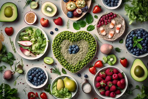 Various types of healthy food are in different heart-shaped plates. Generative Ai.