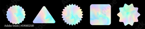 Holographic iridescent stickers, hologram foil label seals, vector pattern texture. Holographic iridescent stickers with iridescent color gradient for original official product holograph tag
