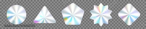 Hologram stickers, holograph labels or holographic tags vector iridescent seals. Silver foil holographic star sticker for genuine product certificate and hologram label tag