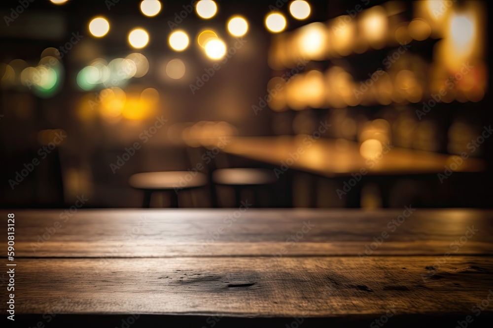 wooden table top with bokeh lights in the background. Generative AI wooden table top with bokeh lights in the background. Generative AI