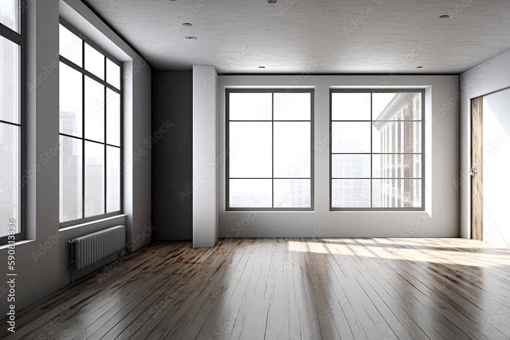 Fototapeta premium an empty minimalist room with natural light and wooden floors. Generative AI