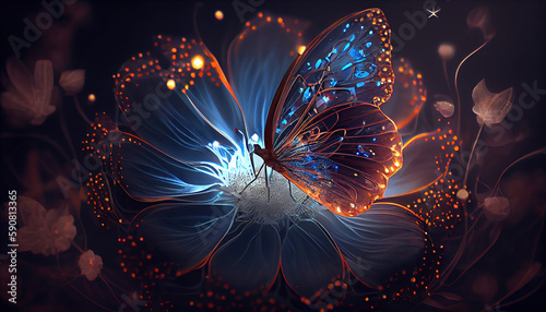 Butterfly illustration with shining flower. Generative AI.