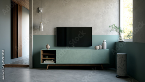 Living room with cabinet for TV on concrete green color wall background, Generative AI