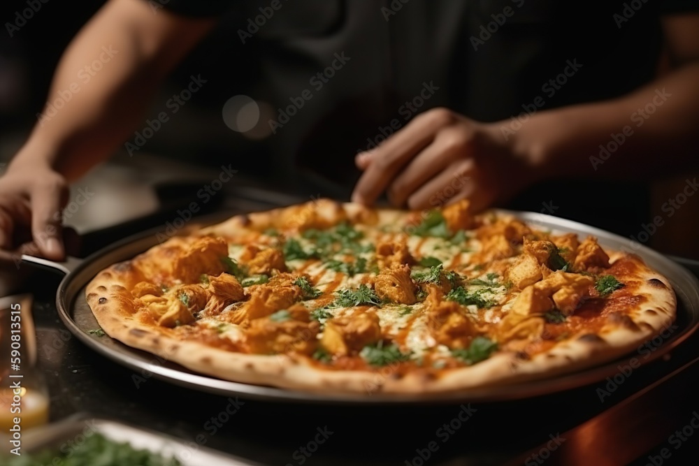 butter chicken pizza served in a 5 star restaurant, generative ai