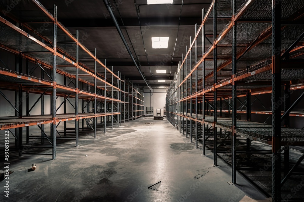 empty warehouse with empty racks, generative ai