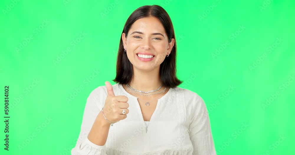 Happy woman, hand and thumbs up on green screen for agreement, winning or success against a studio background. Portrait of female with smile showing thumb emoji, yes sign or like on chromakey mockup Happy woman, hand and thumbs up on green screen for agreement, winning or success against a studio background. Portrait of female with smile showing thumb emoji, yes sign or like on chromakey mockup