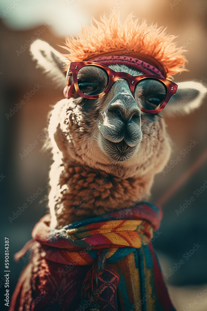 Stylish Vicuna Character Wearing Sunglasses with Colorful Fashion Dress Generative AI Digital Illustration Part#090423
