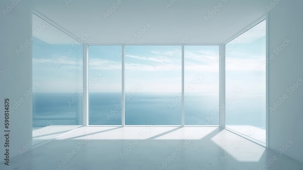 Fototapeta premium A white room with a wide view of the sea, made with Generative Ai