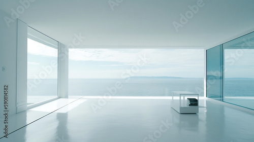 A white room with a wide view of the sea, made with Generative Ai