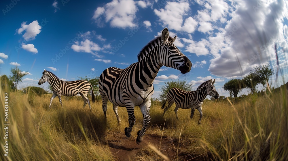 Fototapeta premium Zebra family walking through the grassland