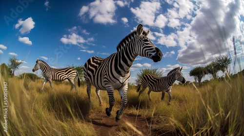 Zebra family walking through the grassland