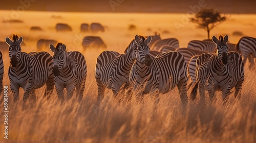 Zebra herd at sunset