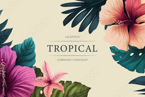 Tropical watercolor plants and flowers, summer holiday banner