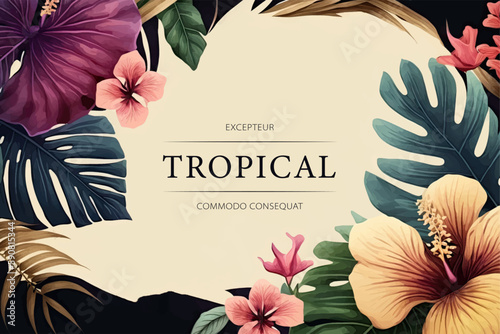 Tropical watercolor plants and flowers, summer holiday banner