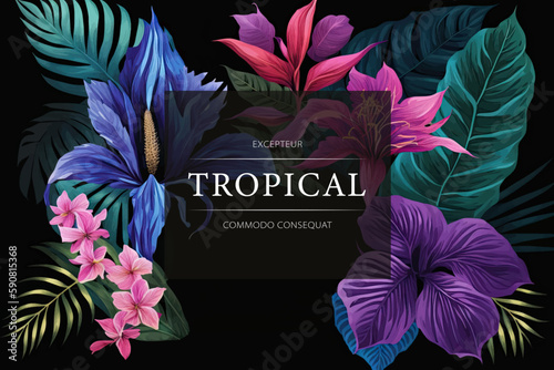 Tropical watercolor plants and flowers, summer holiday banner