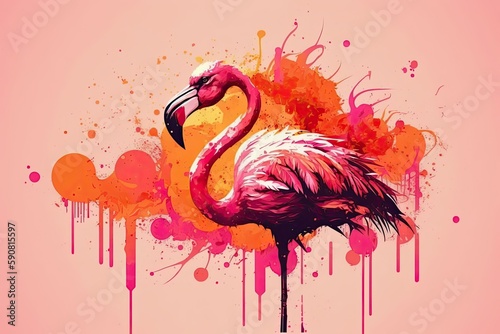 vibrant pink flamingo standing on one leg in front of a bright pink background. Generative AI