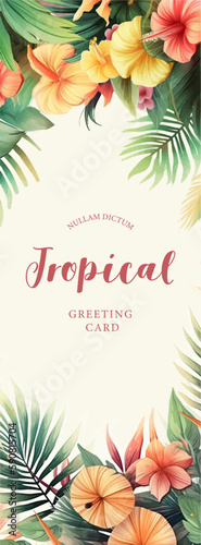 Tropical watercolor plants and flowers, summer holiday banner