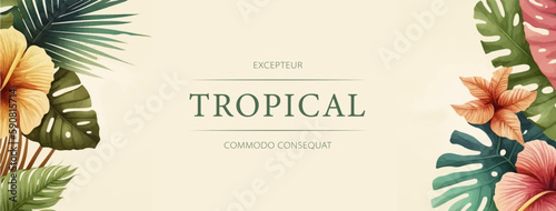 Tropical watercolor plants and flowers, summer holiday banner