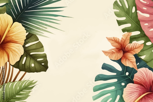 Tropical watercolor plants and flowers, summer holiday banner