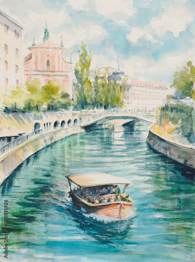  The Triple Bridge or Tromostovje over the Ljubljanici River in central Ljubljana. Picture painted with watercolors.