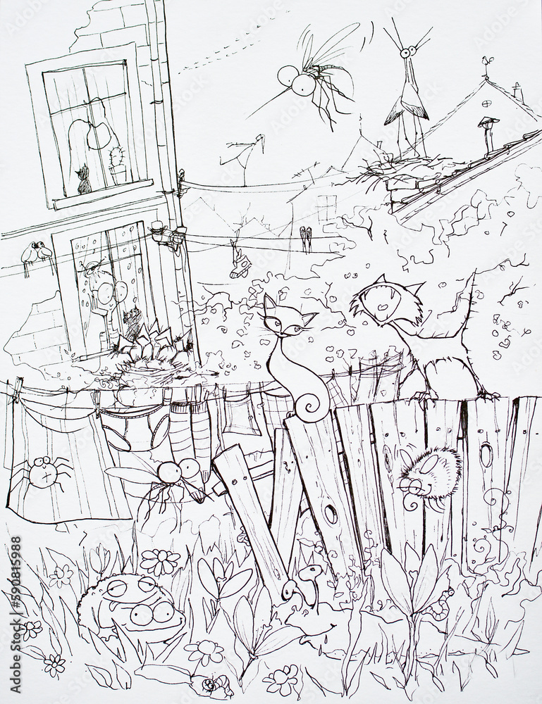 Fototapeta premium Hand-painted humorous spring-themed illustration. Lots of details.
