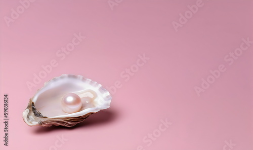 oyster shell with pearl representing vulva, femininity, on pink background with copy space, made with generative ai