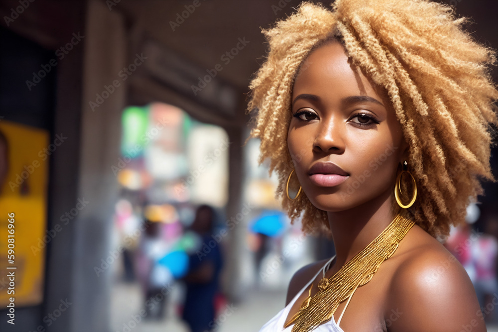 A beautiful african american woman portrait, city street as background. Generative AI. A beautiful african american woman portrait, city street as background. Generative AI.