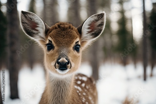 young deer standing in a snowy landscape. Generative AI © 2rogan