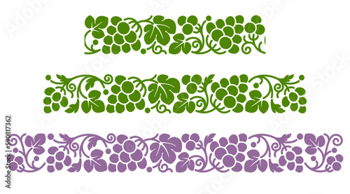 Set of border with patterns of vine, ripe grape and leaves. Seamless pattern, decoration and ornament with corner elements. Vector illustration
