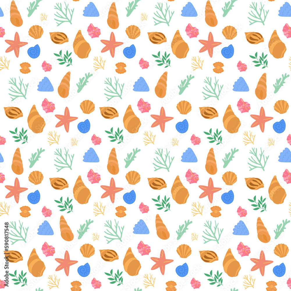 Seamless pattern with starfish, corals, pearls and seashells. Vector background with marine theme.