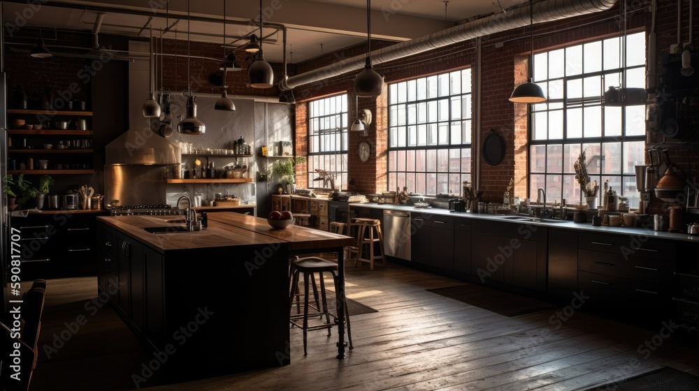 Modern Interior Designer Kitchen with Natural Lighting and Wide-Angle Shot. Generative AI Modern Interior Designer Kitchen with Natural Lighting and Wide-Angle Shot. Generative AI