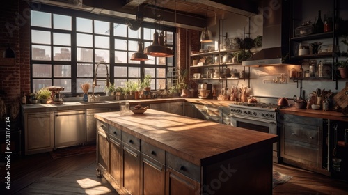 Modern Interior Designer Kitchen with Natural Lighting and Wide-Angle Shot. Generative AI