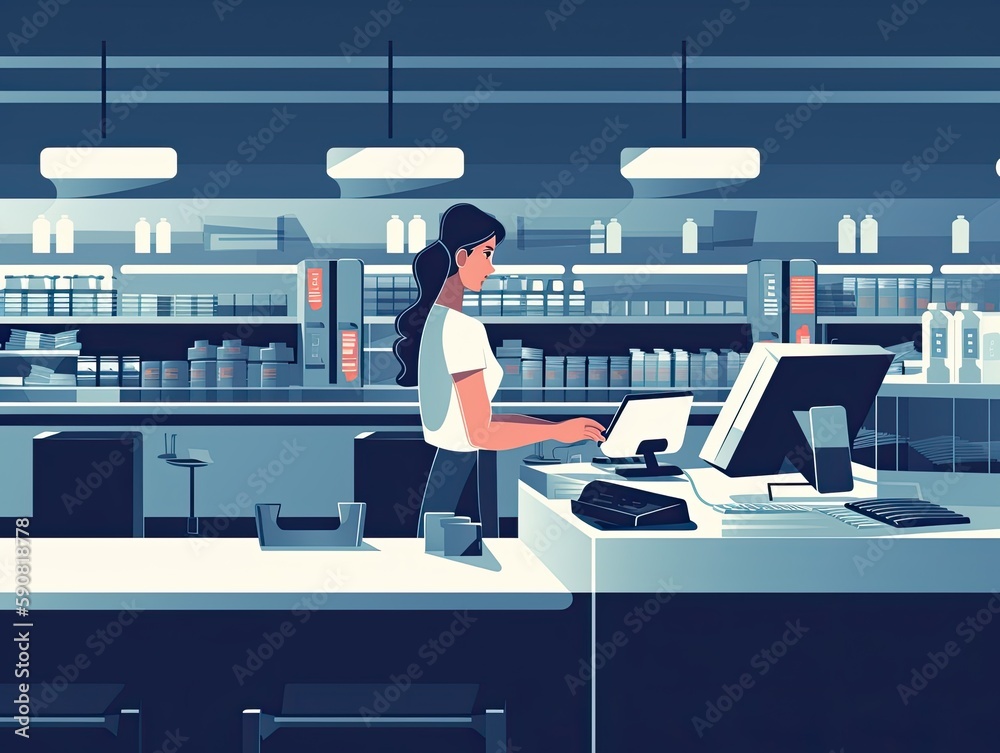 A cashier scanning items and processing transactions at a checkout counter, flat illustration A cashier scanning items and processing transactions at a checkout counter, flat illustration