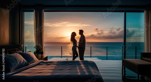 silhouette of a couple at the hotel bedroom, generative ai